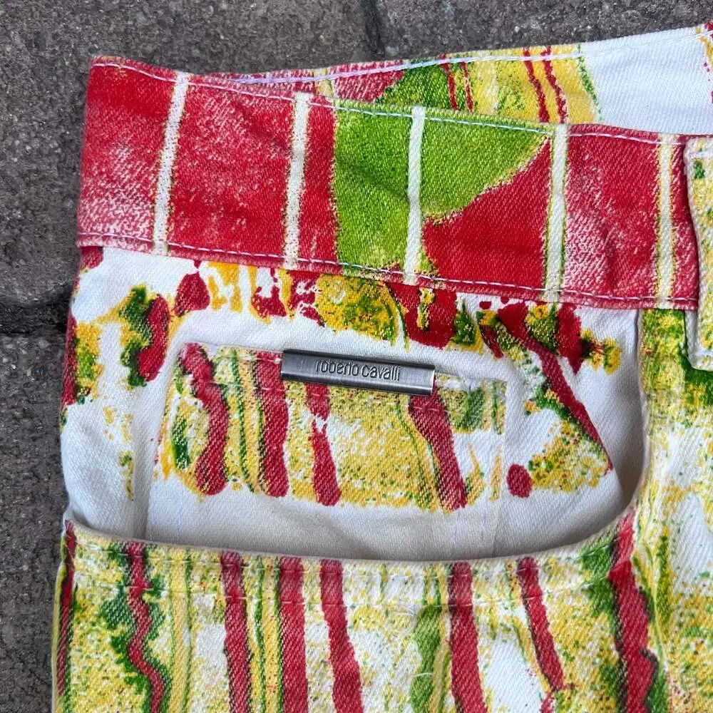 Roberto Cavalli Vintage Multi-Color Drip Paint Print Denim Jeans